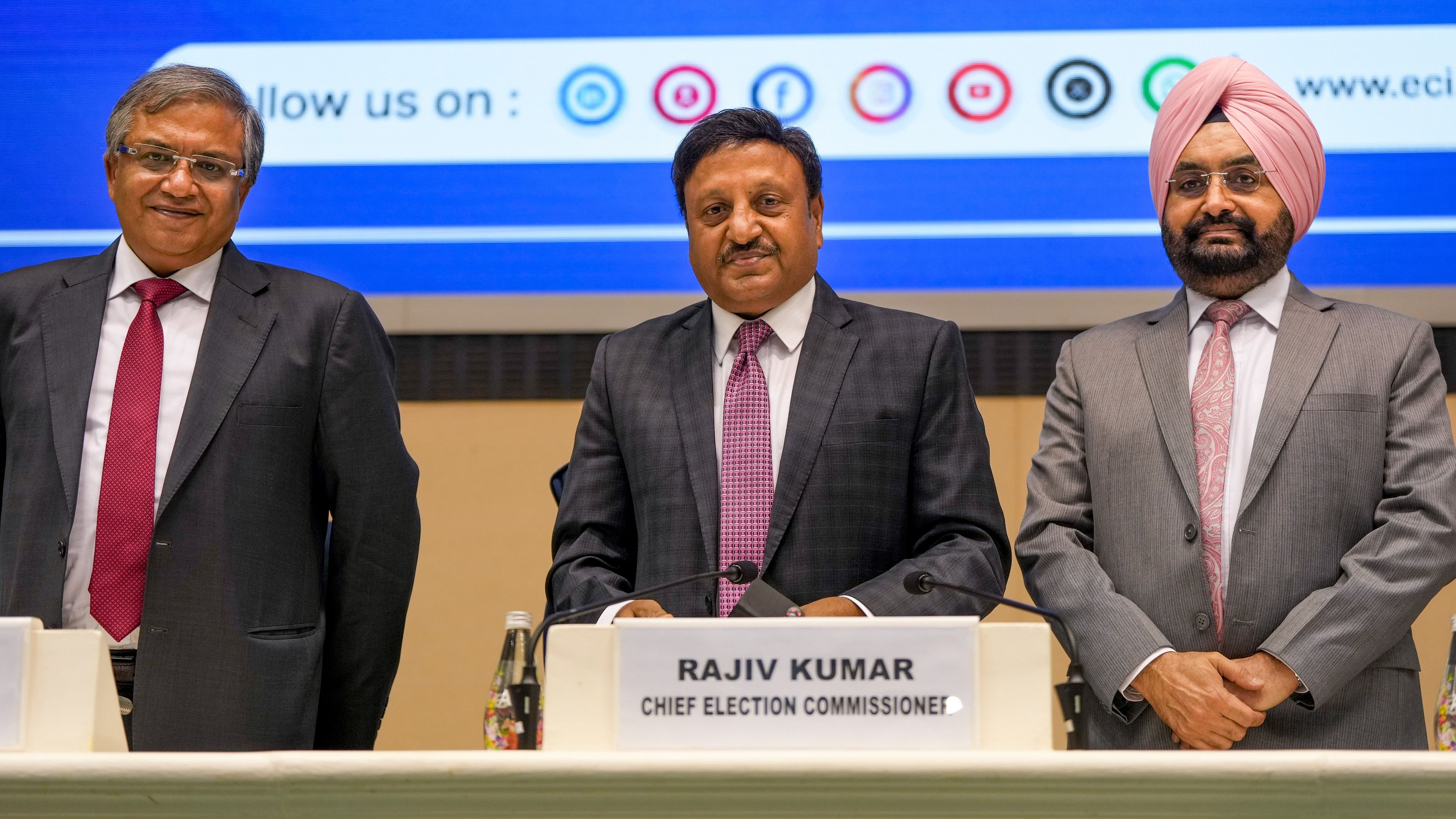 <div class="paragraphs"><p>Chief Election Commissioner Rajiv Kumar with Election Commissioners Gyanesh Kumar and Sukhbir Singh Sandhu during a press conference to announce the schedule for Assembly elections in Jammu and Kashmir and Haryana, in New Delhi, Friday.</p></div>